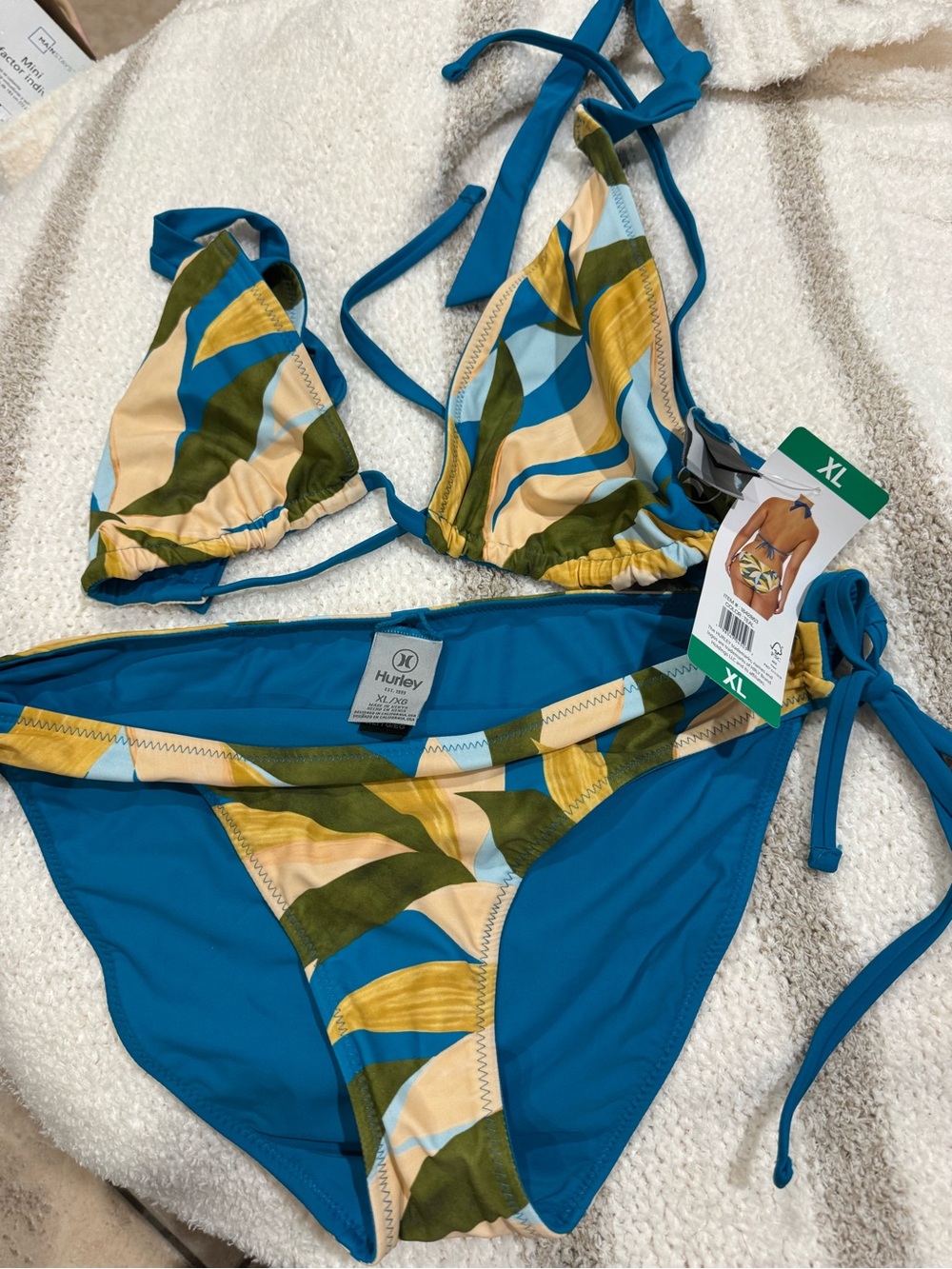 Hurley Teal Blue Multicolor Leaf-Print Triangle Bikini X-Large new with tags